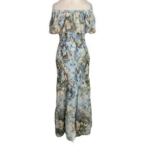 NEW Baltic Born Small Blue Floral Amalfi Off-Shoulder Smocked Maxi Dress Summer